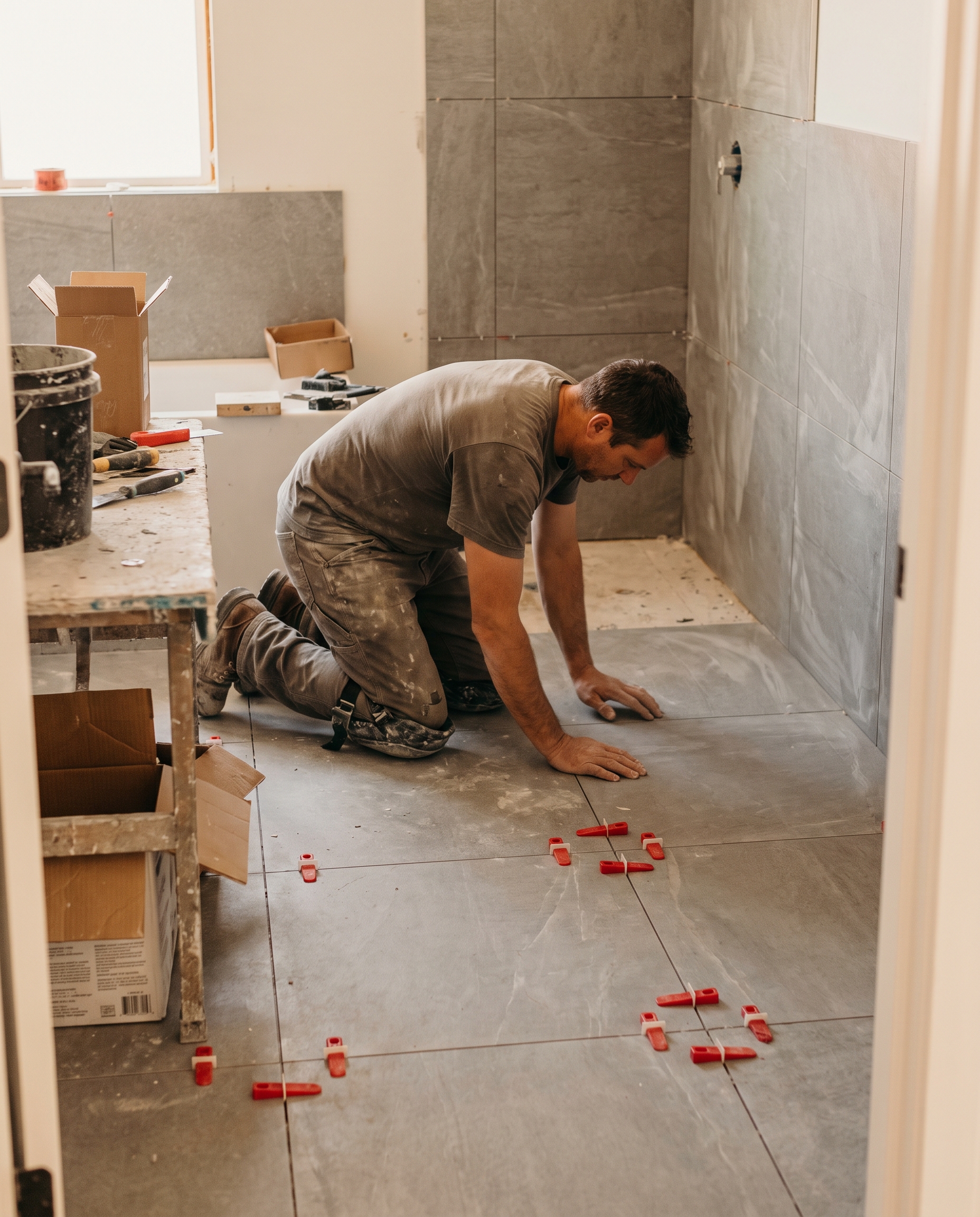 A newly tiled Calgary bathroom shower in white subway tile with niche and brushed-nickel trim, fresh grout, soft afternoon light, professional finish